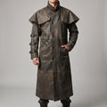 Distressed Brown Leather Duster Coat — Men's Cape-Collar Western Coat