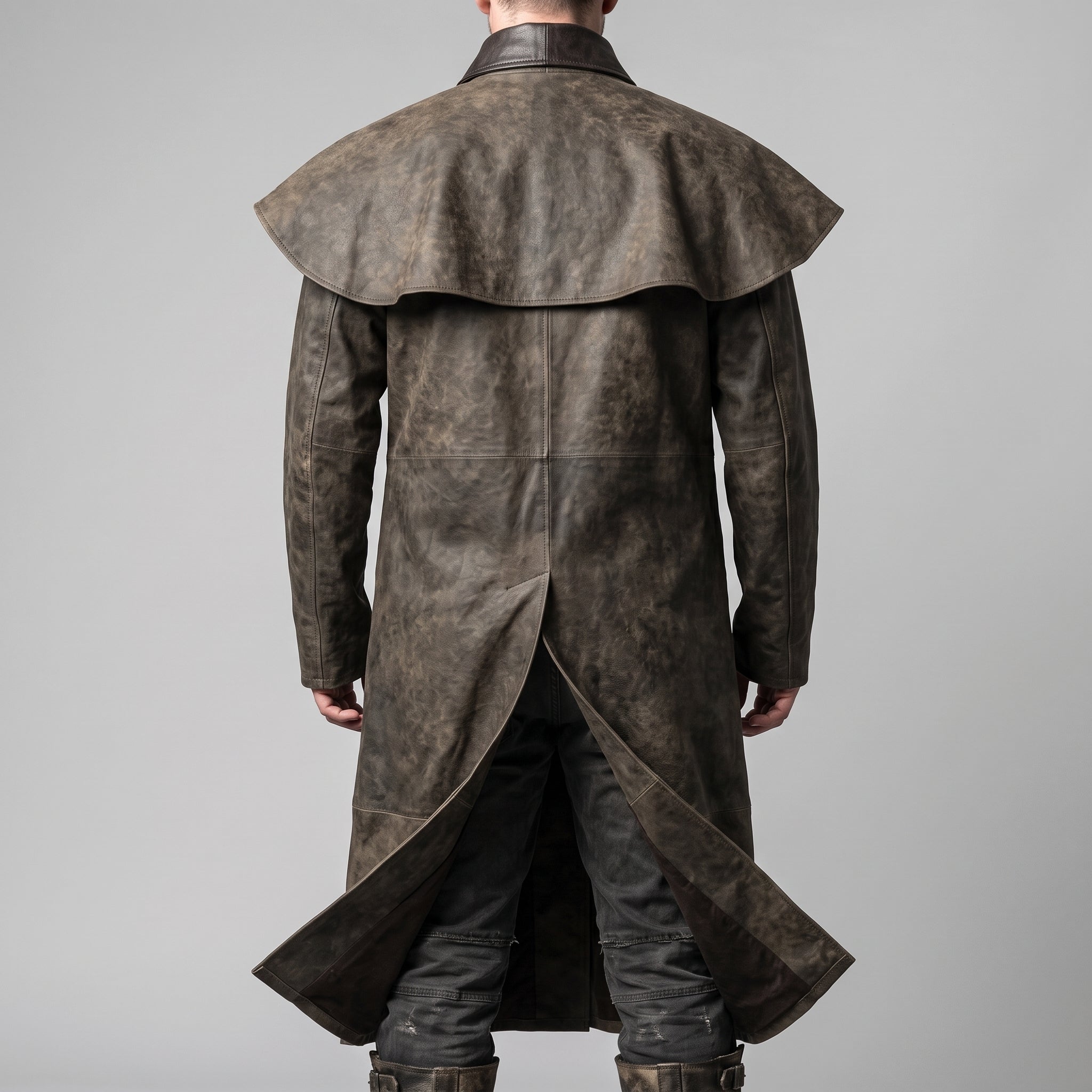 Distressed Brown Leather Duster Coat — Men's Cape-Collar Western Coat