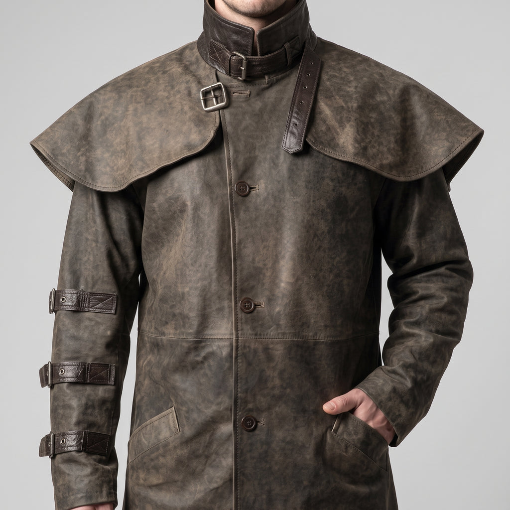 Distressed Brown Leather Duster Coat — Men's Cape-Collar Western Coat