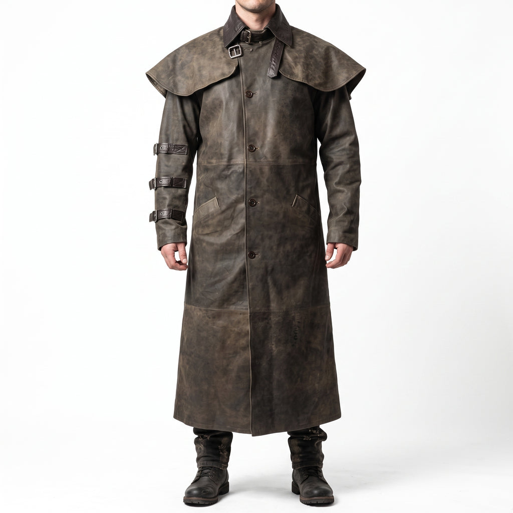 Distressed Brown Leather Duster Coat — Men's Cape-Collar Western Coat
