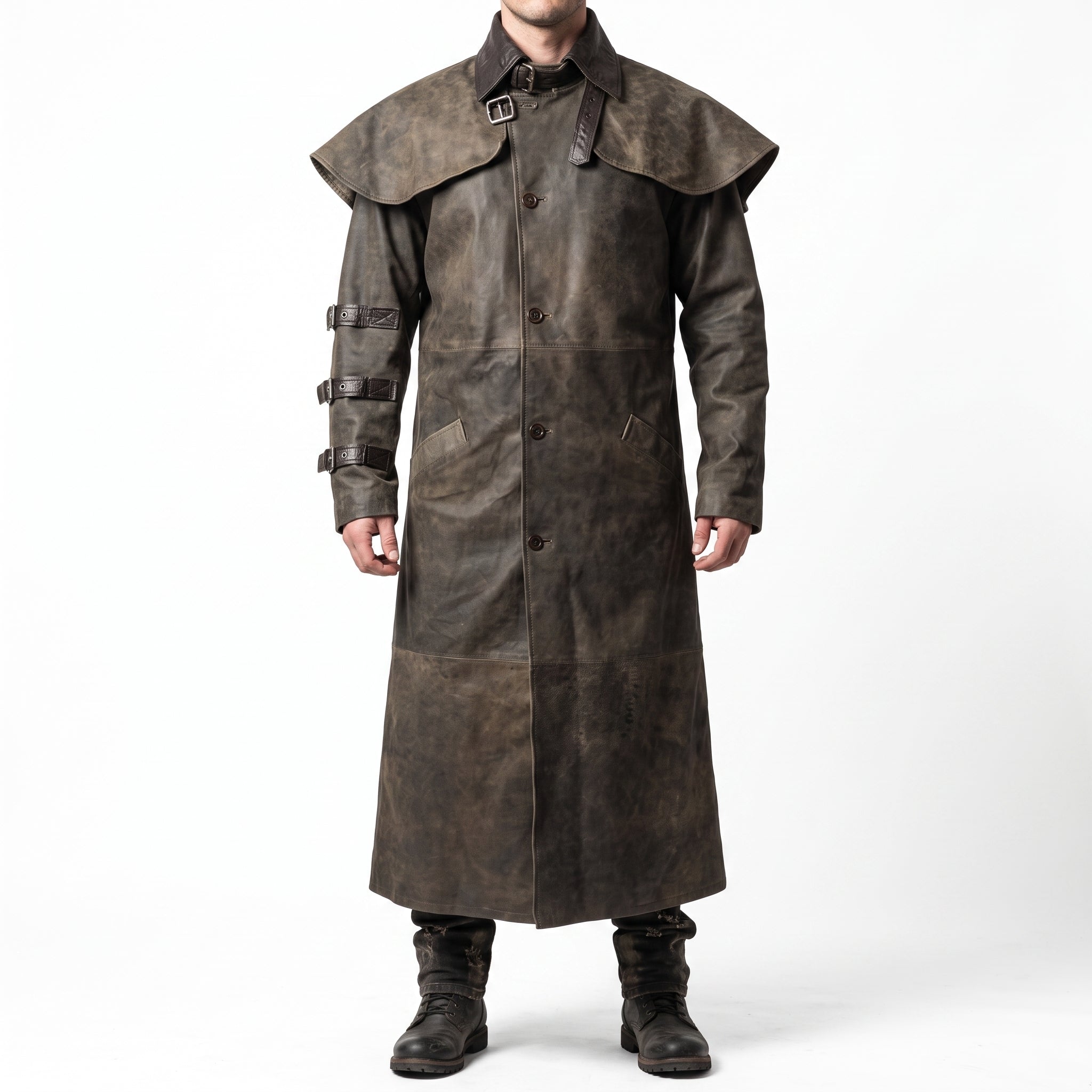Distressed Brown Leather Duster Coat — Men's Cape-Collar Western Coat