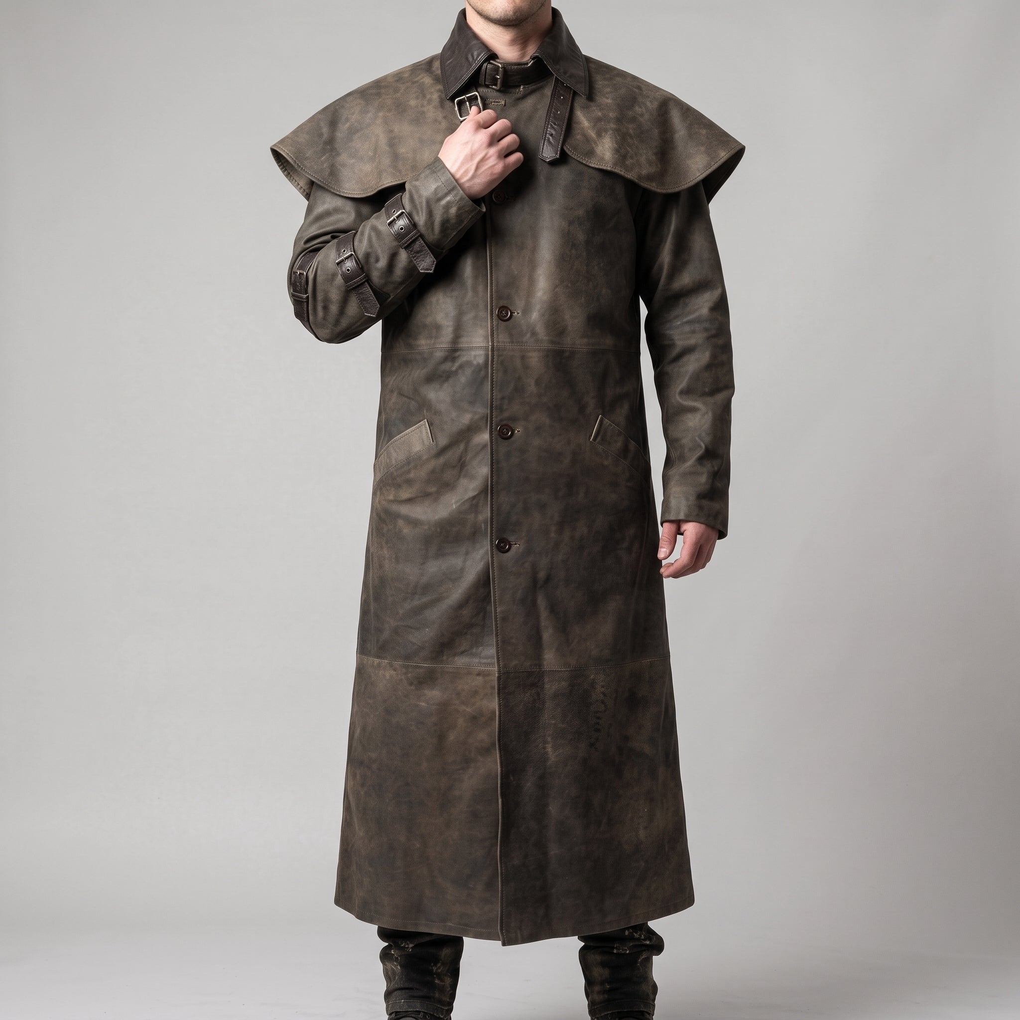 Distressed Brown Leather Duster Coat — Men's Cape-Collar Western Coat