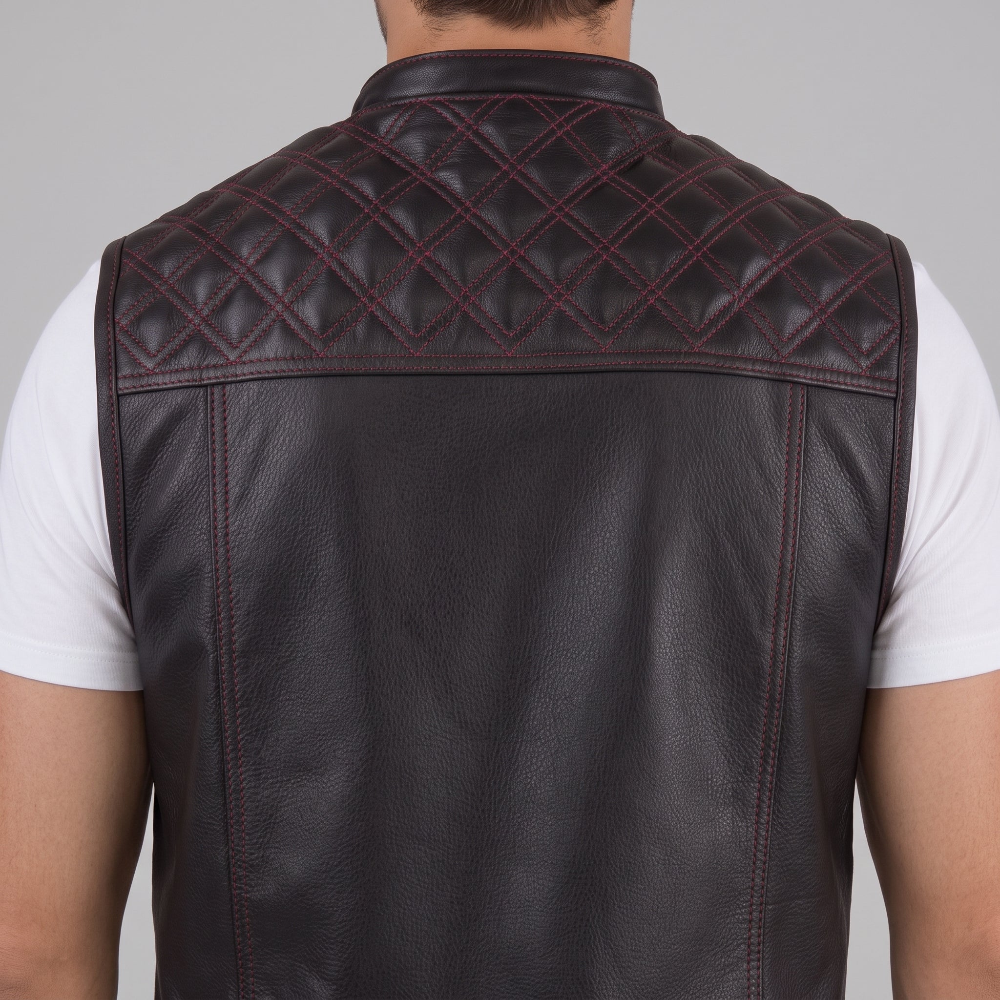 Black Leather Quilted Moto Vest - Men's Contrast-Stitch Biker Vest