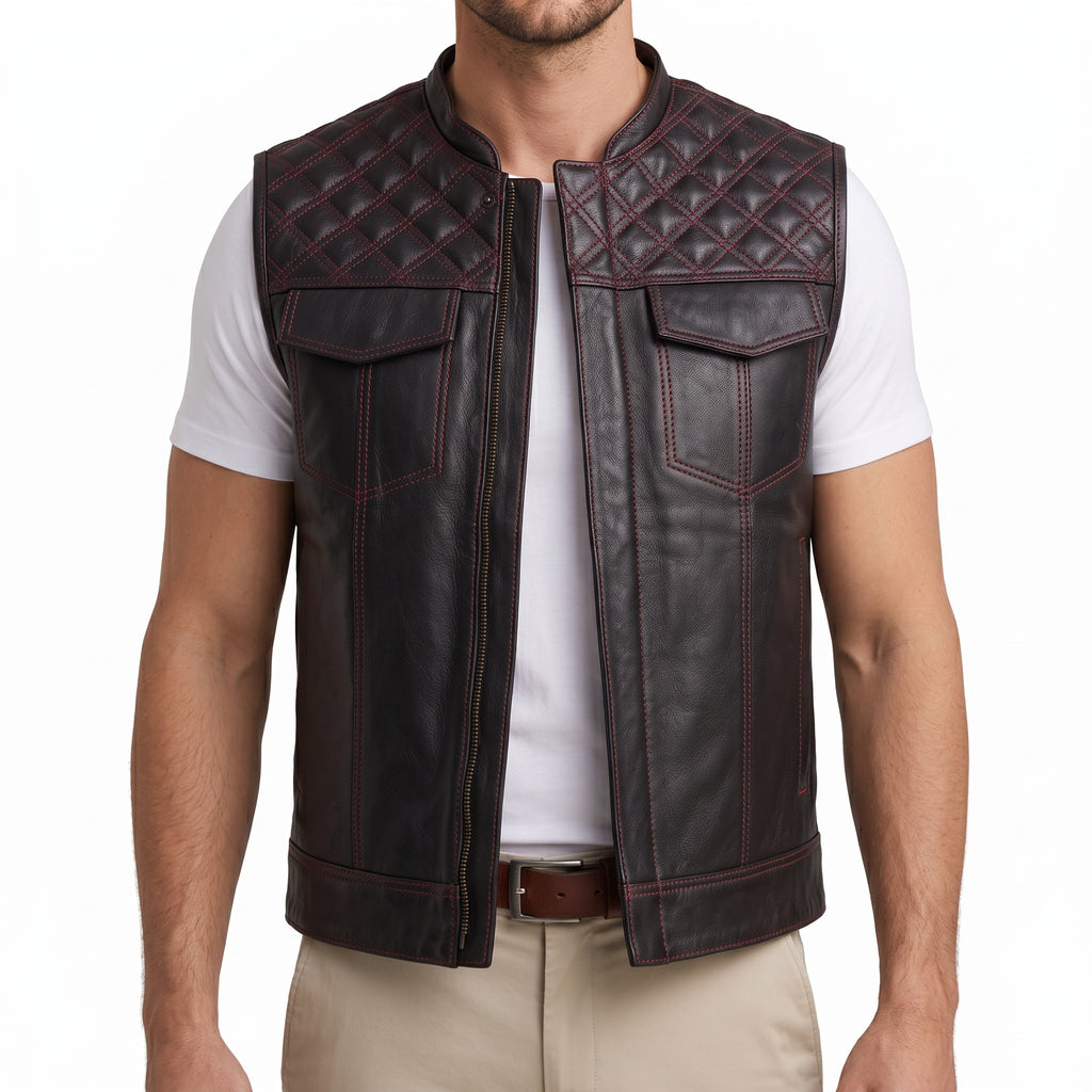 Black Leather Quilted Moto Vest - Men's Contrast-Stitch Biker Vest