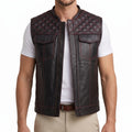 Black Leather Quilted Moto Vest - Men's Contrast-Stitch Biker Vest