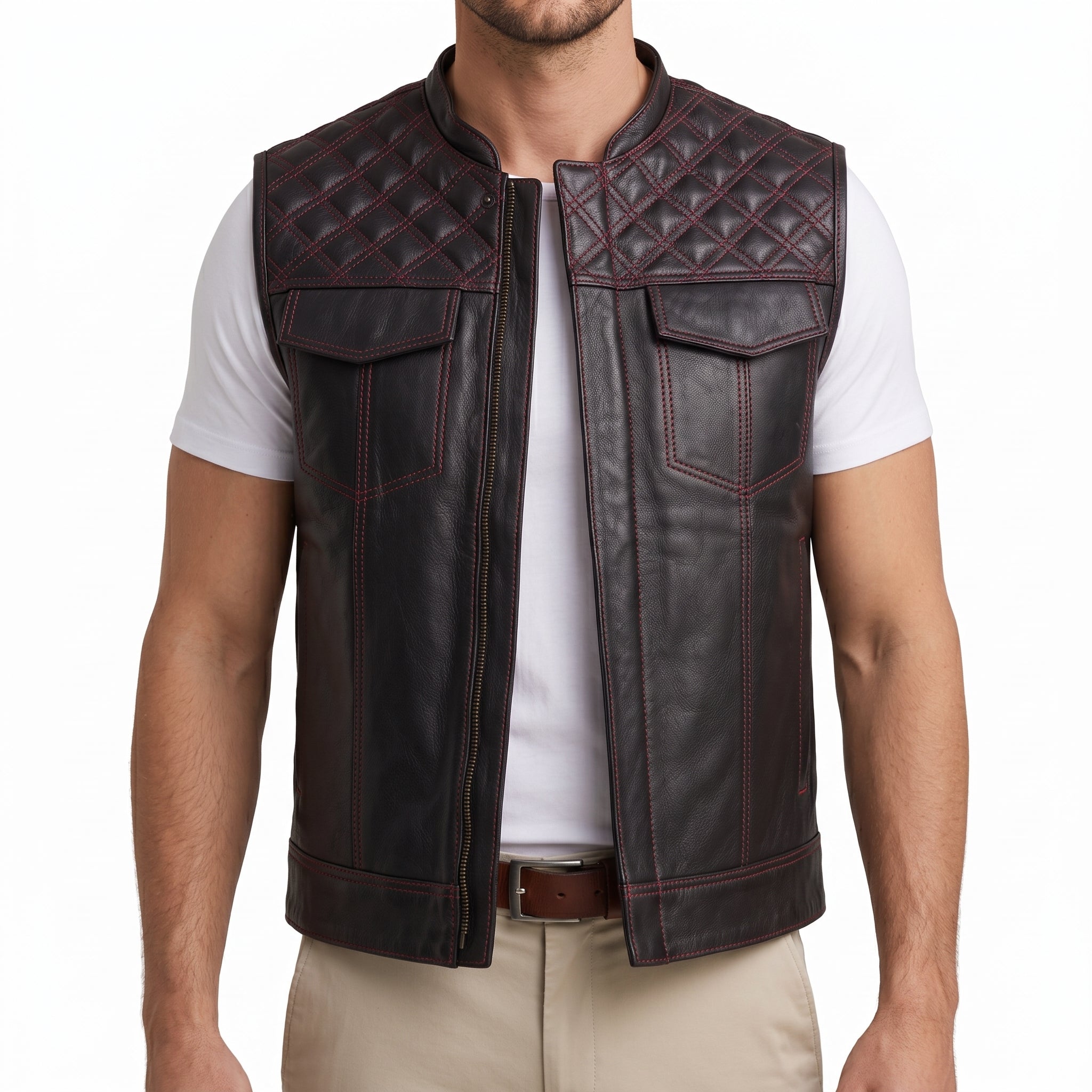 Black Leather Quilted Moto Vest - Men's Contrast-Stitch Biker Vest
