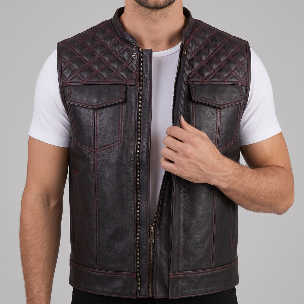 Black Leather Quilted Moto Vest - Men's Contrast-Stitch Biker Vest