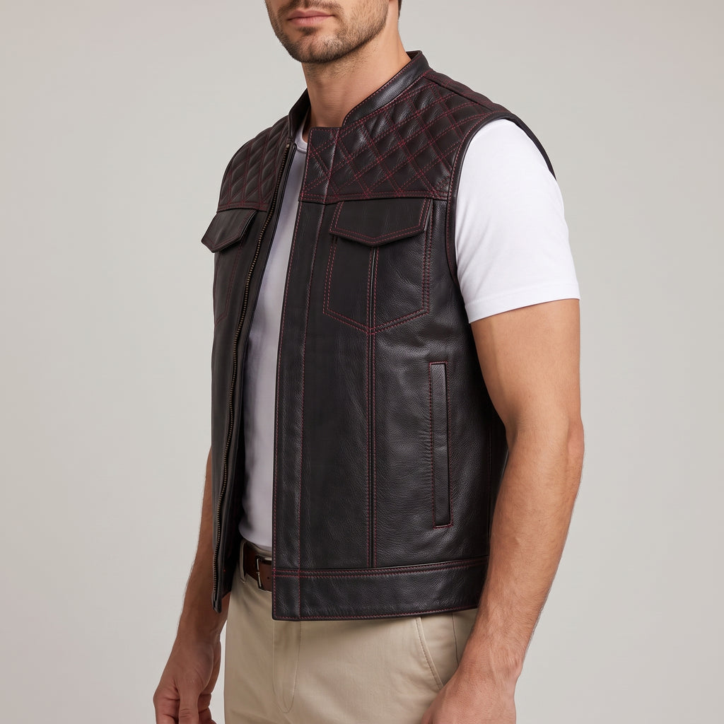 Black Leather Quilted Moto Vest - Men's Contrast-Stitch Biker Vest