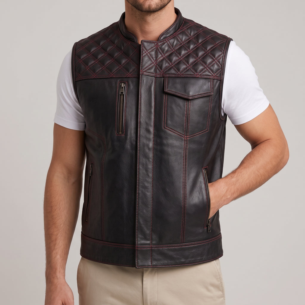 Black Leather Quilted Moto Vest - Men's Contrast-Stitch Biker Vest