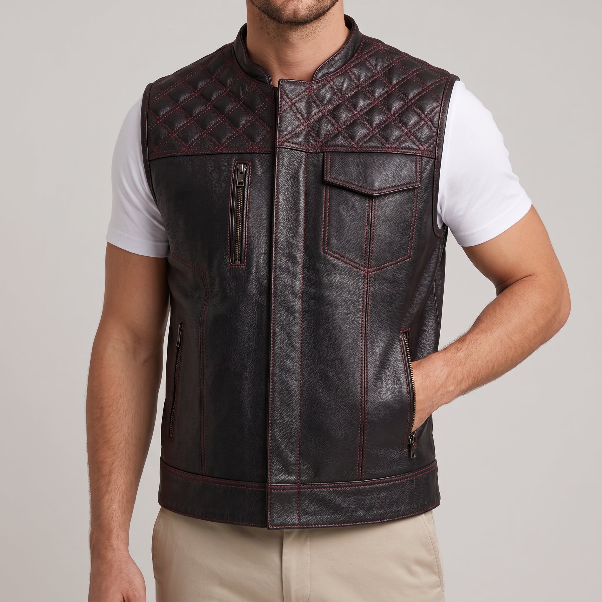 Black Leather Quilted Moto Vest - Men's Contrast-Stitch Biker Vest