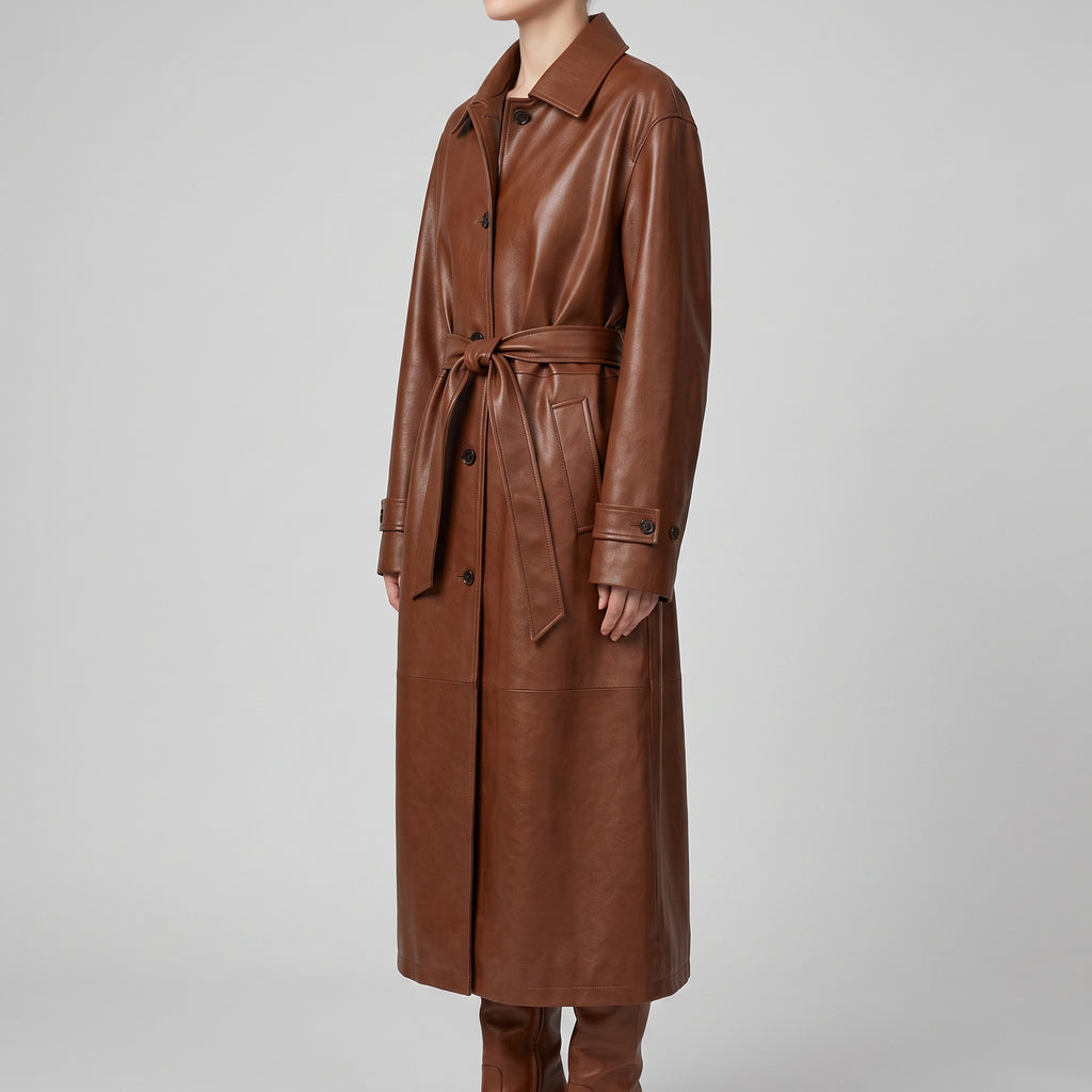 Women's Cognac Leather Belted Trench Coat