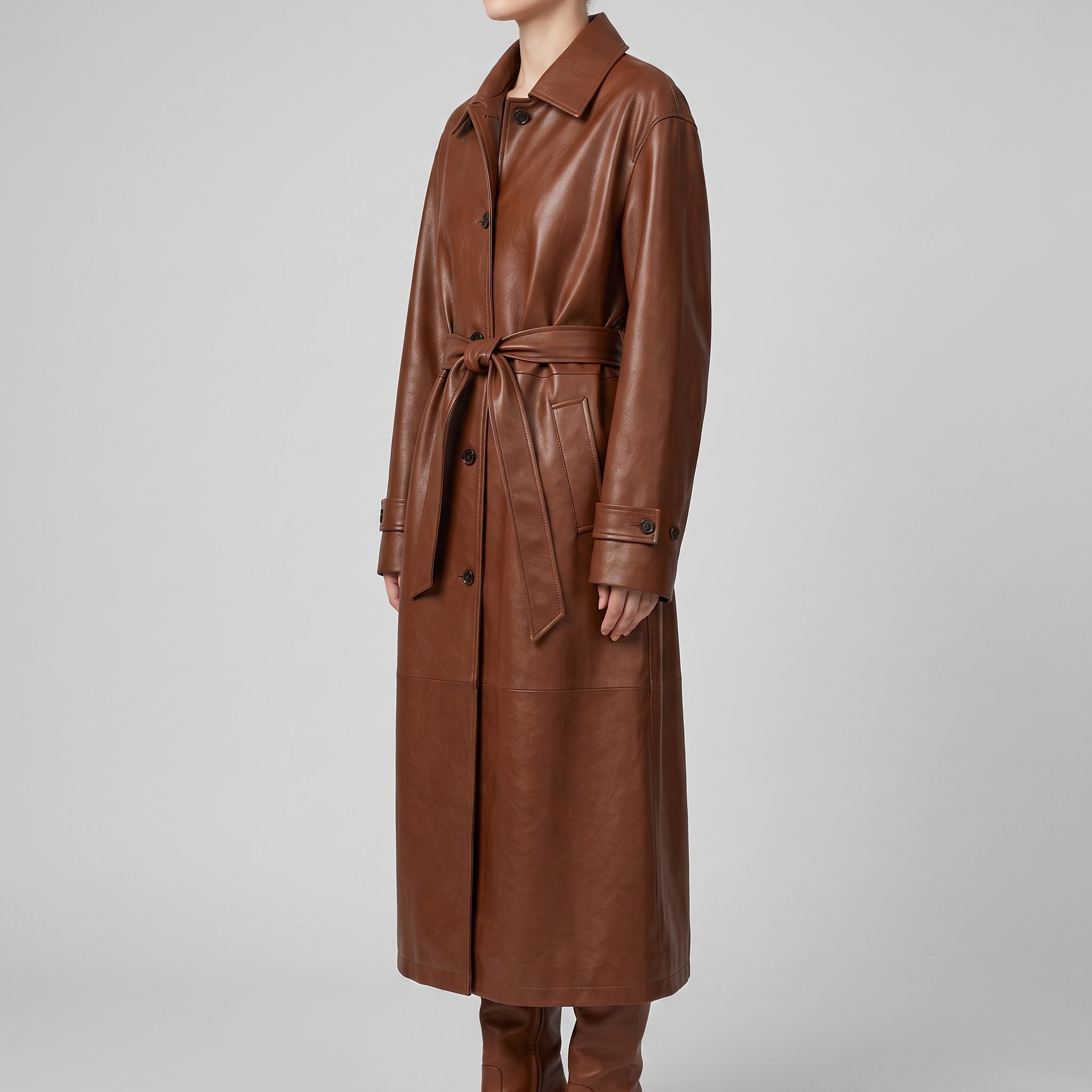 Women's Cognac Leather Belted Trench Coat