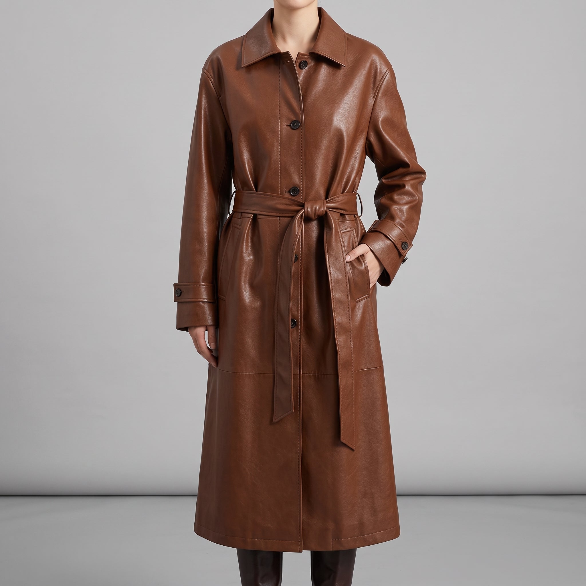 Women's Cognac Leather Belted Trench Coat