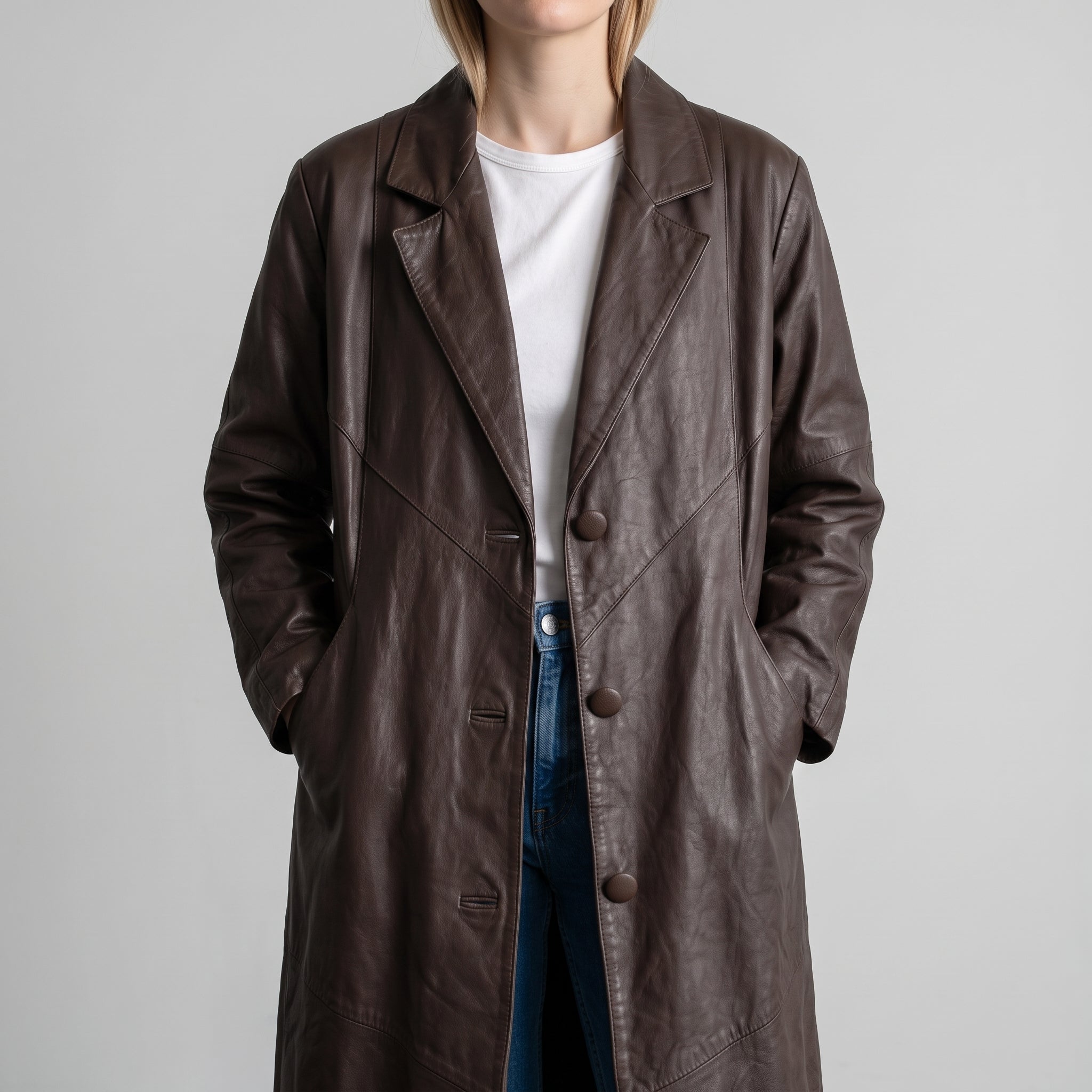 Dark Brown Leather Longline Coat - Women's Oversized Notch-Lapel Coat
