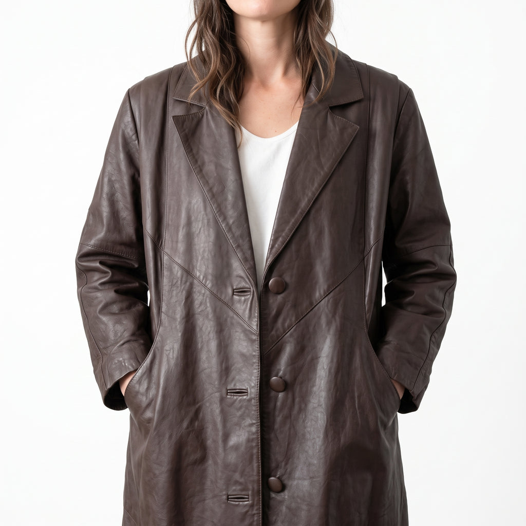 Dark Brown Leather Longline Coat - Women's Oversized Notch-Lapel Coat