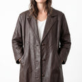 Dark Brown Leather Longline Coat - Women's Oversized Notch-Lapel Coat