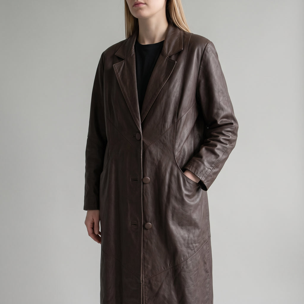Dark Brown Leather Longline Coat - Women's Oversized Notch-Lapel Coat