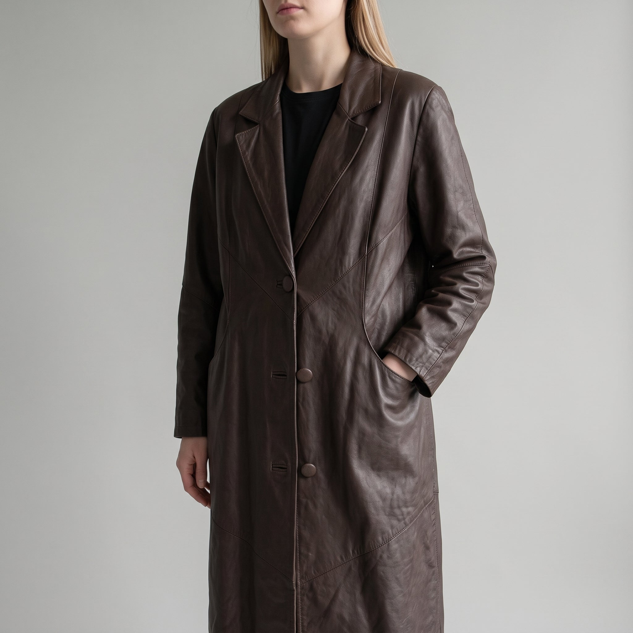 Dark Brown Leather Longline Coat - Women's Oversized Notch-Lapel Coat
