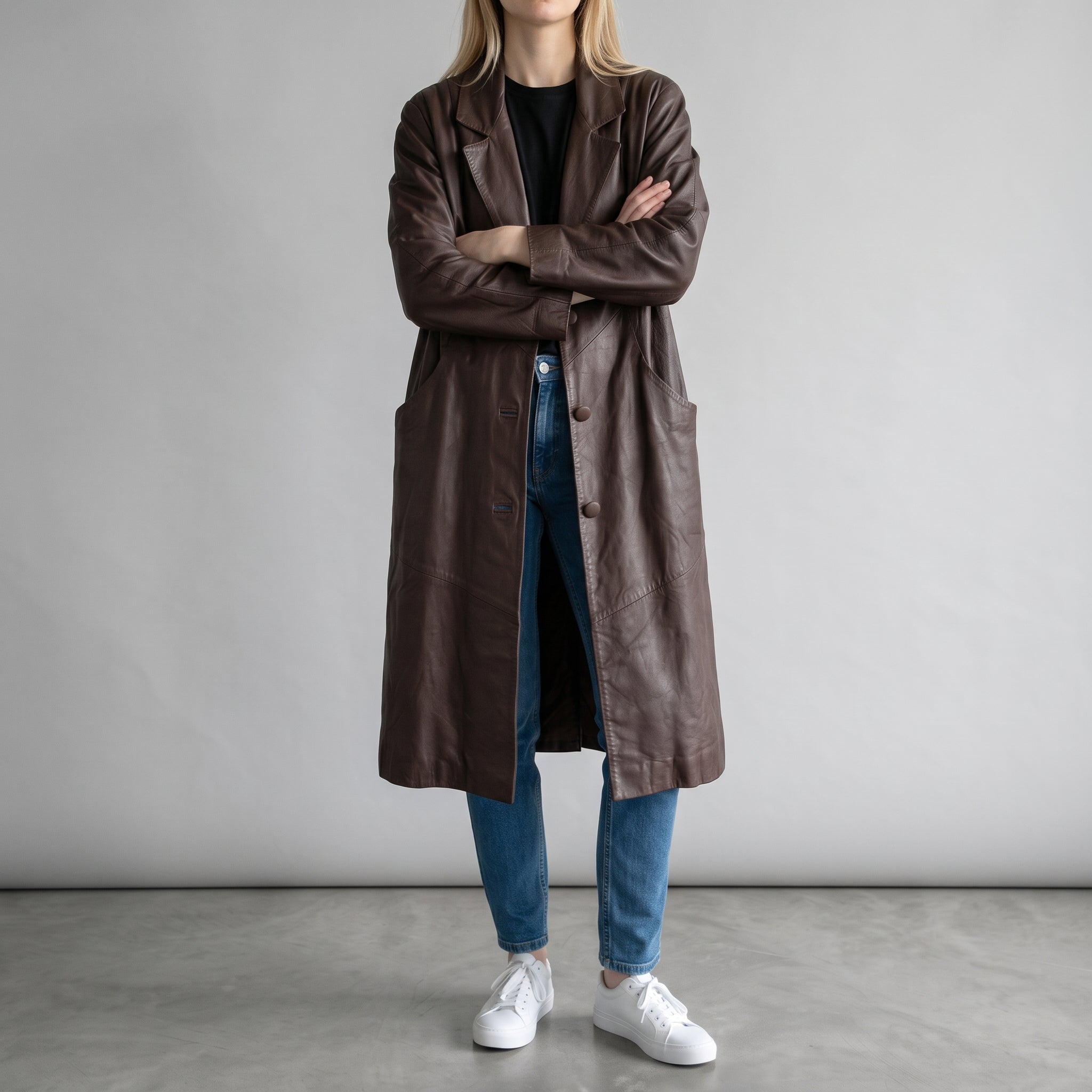 Dark Brown Leather Longline Coat - Women's Oversized Notch-Lapel Coat