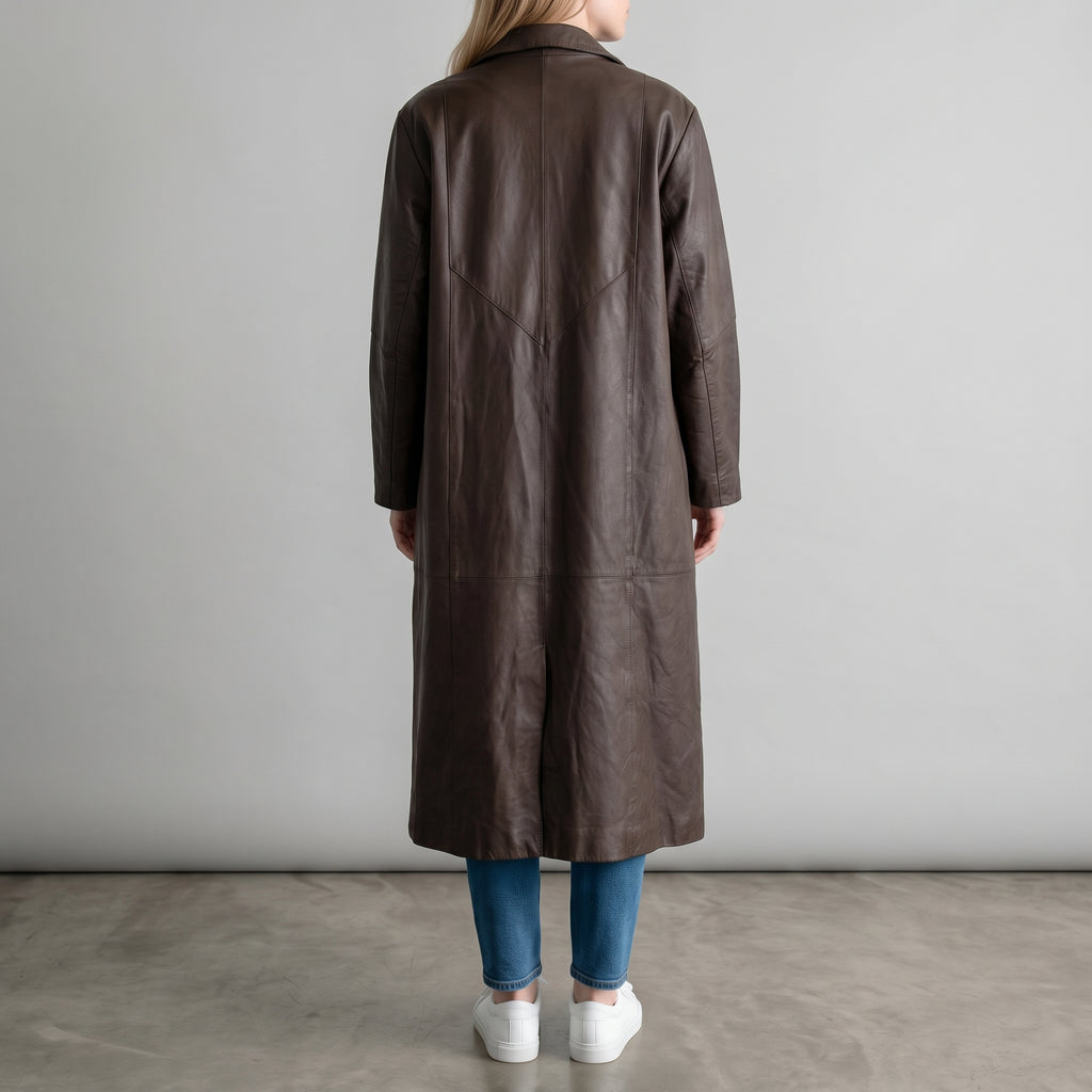 Dark Brown Leather Longline Coat - Women's Oversized Notch-Lapel Coat