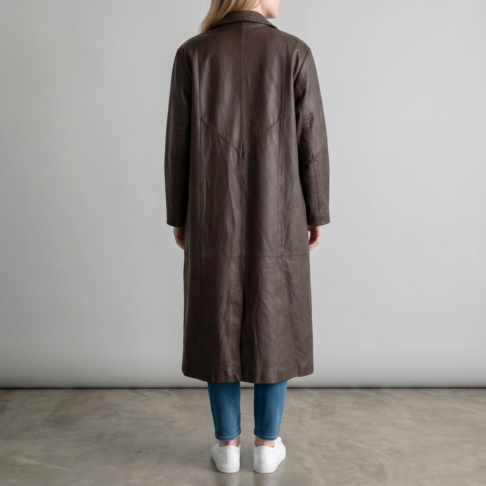 Dark Brown Leather Longline Coat - Women's Oversized Notch-Lapel Coat