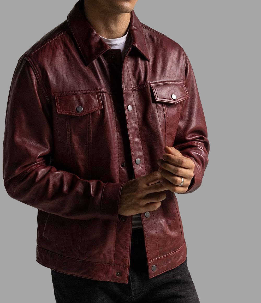 Men's Burgundy Leather Trucker Jacket - Genuine Leather Jacket