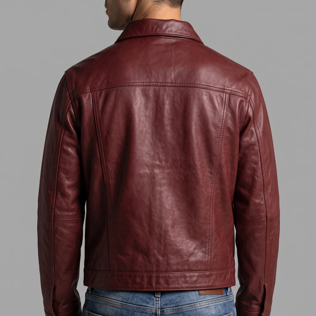 Men's Burgundy Leather Trucker Jacket - Genuine Leather Jacket