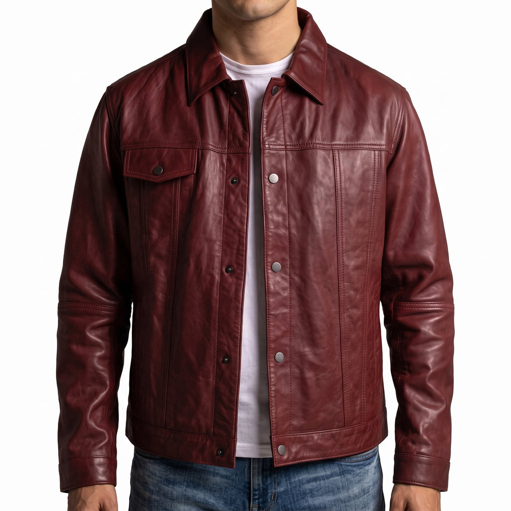 Men's Burgundy Leather Trucker Jacket - Genuine Leather Jacket