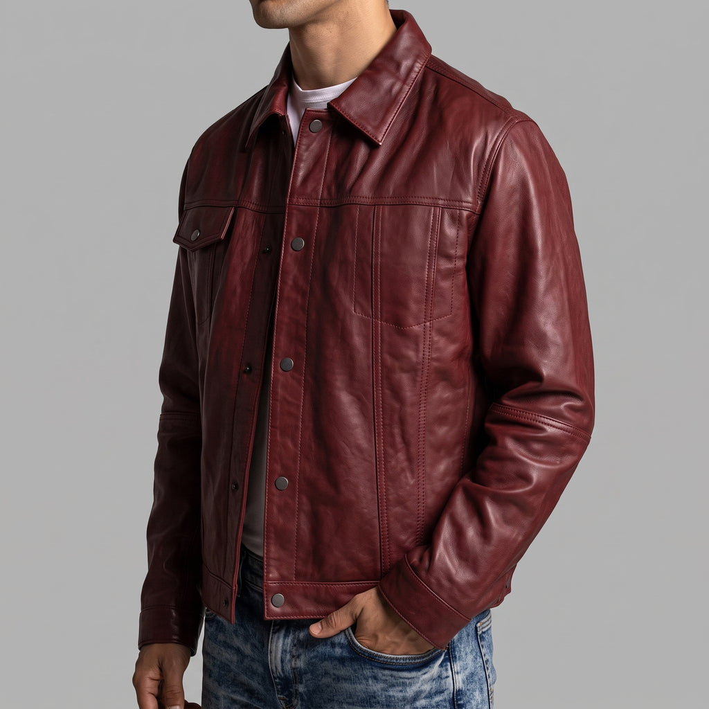 Men's Burgundy Leather Trucker Jacket - Genuine Leather Jacket