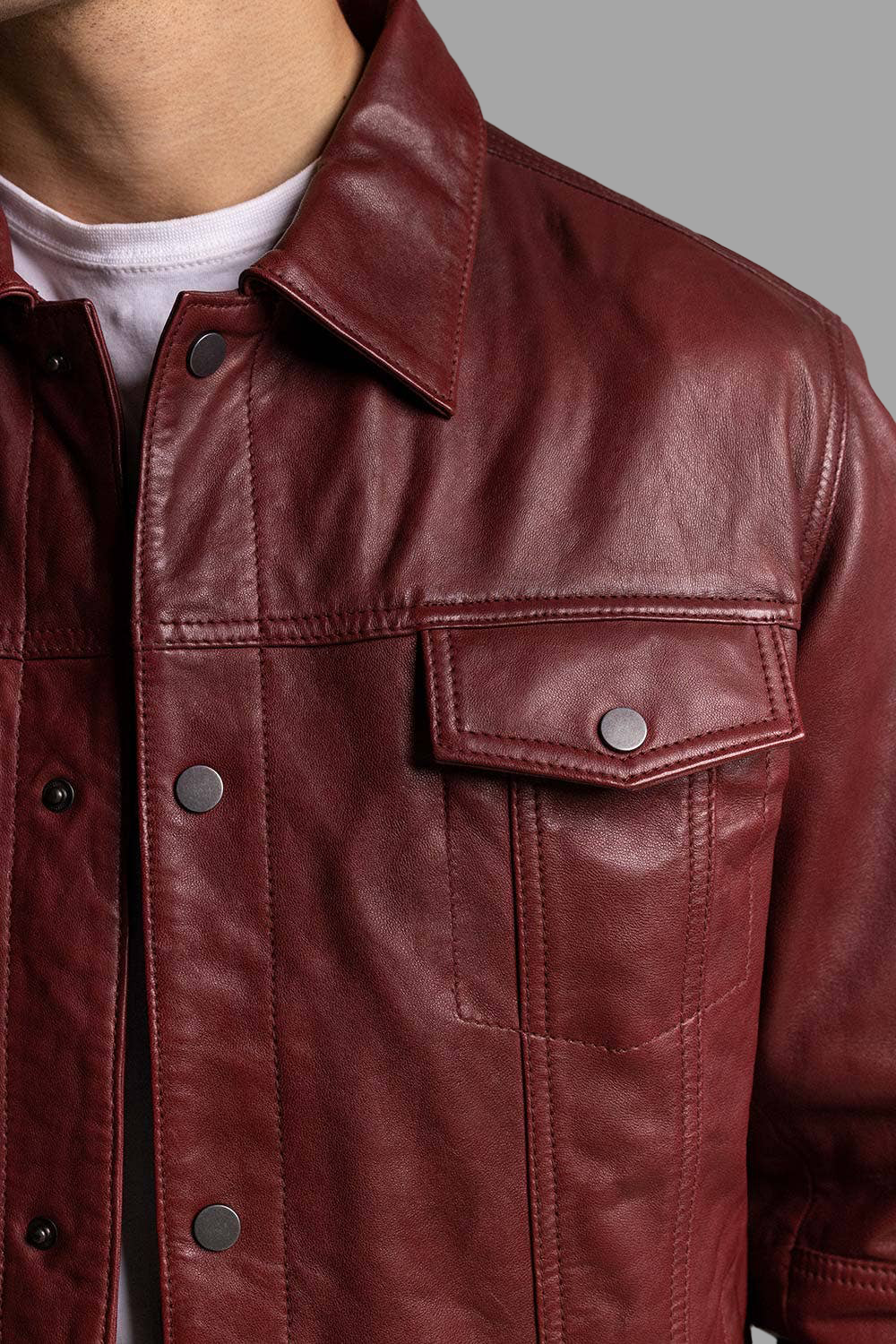 Men's Burgundy Leather Trucker Jacket
