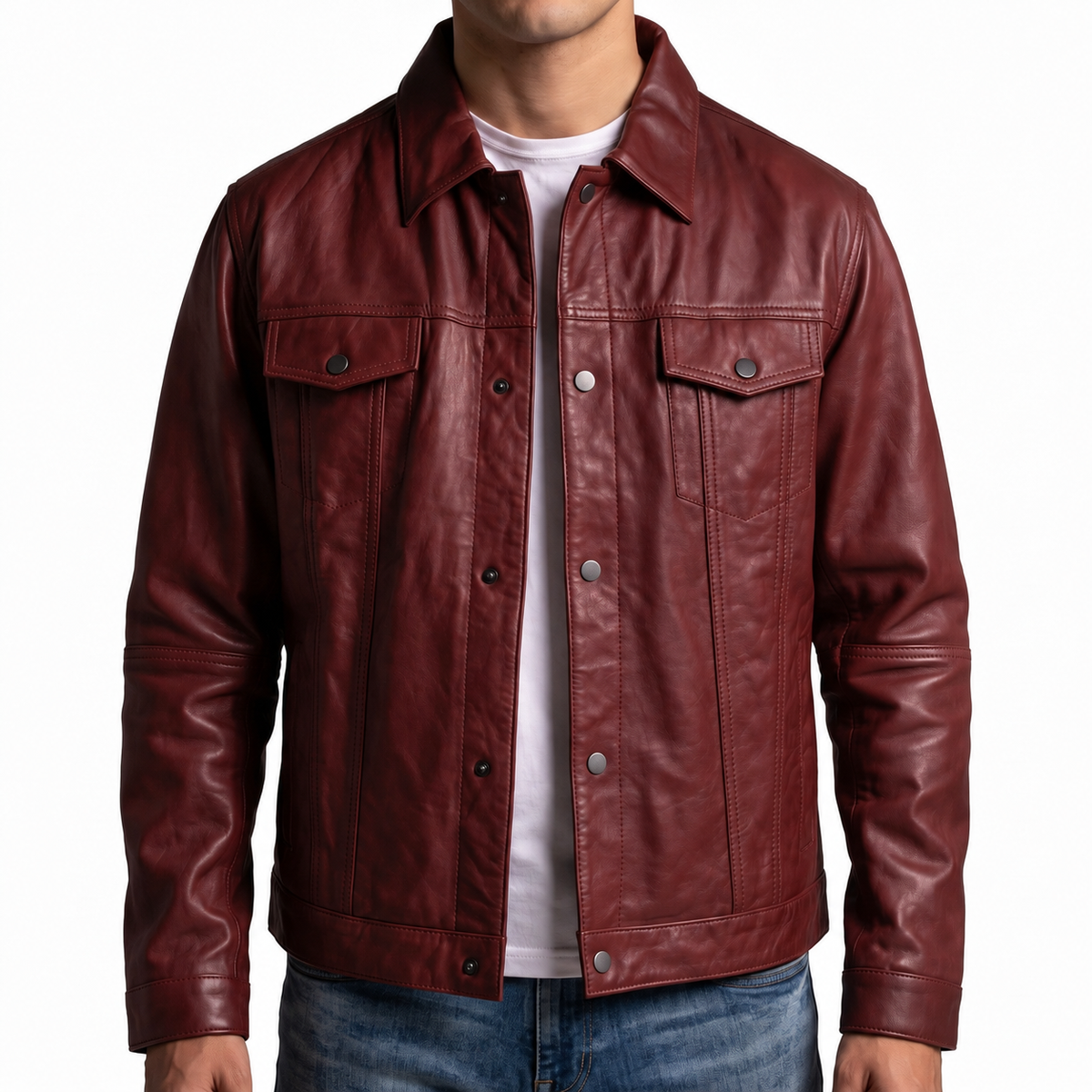 Men's Burgundy Leather Trucker Jacket