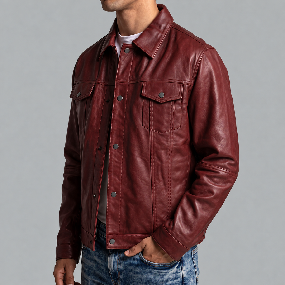 Men's Burgundy Leather Trucker Jacket