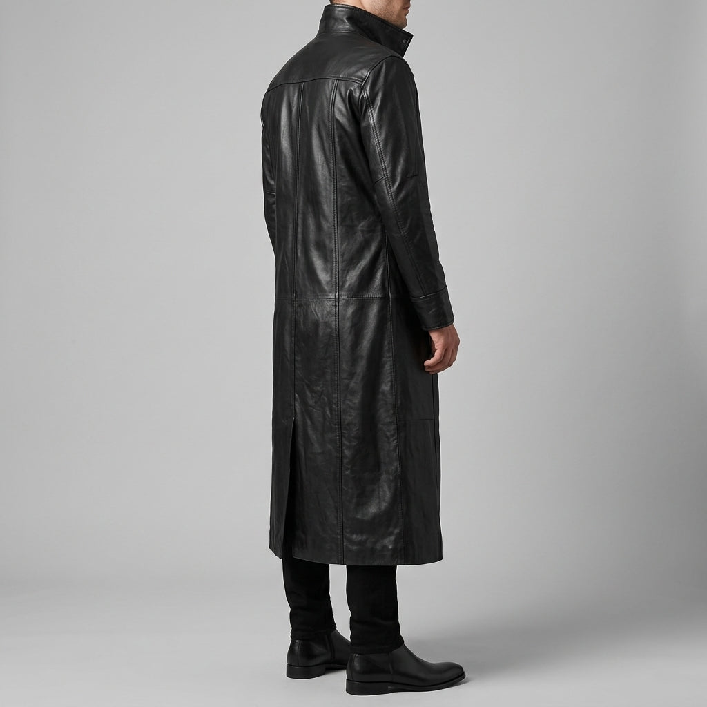 Black Leather Long Trench Coat - Men's Stand-Collar Full-Length Coat