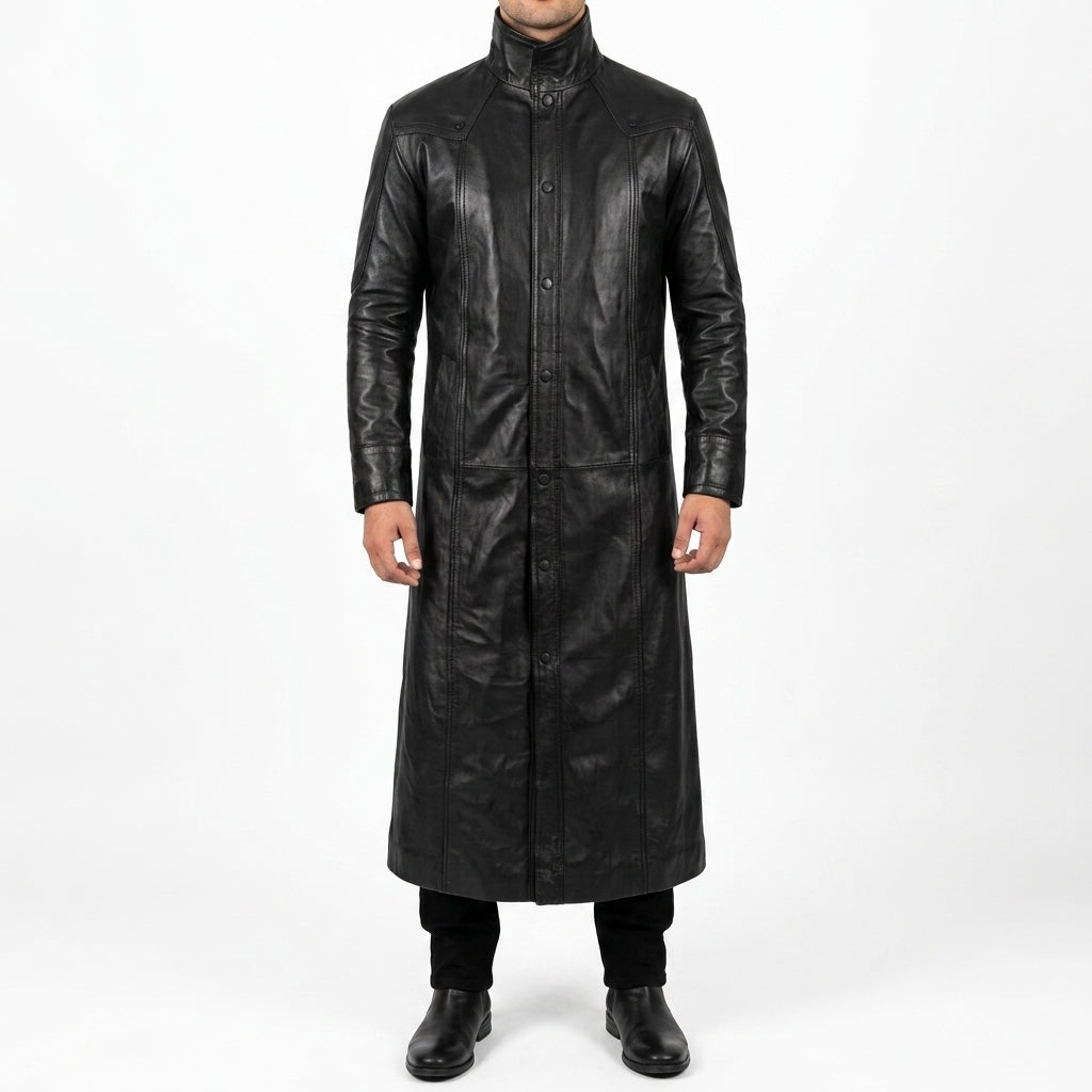 Black Leather Long Trench Coat - Men's Stand-Collar Full-Length Coat