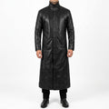 Black Leather Long Trench Coat - Men's Stand-Collar Full-Length Coat