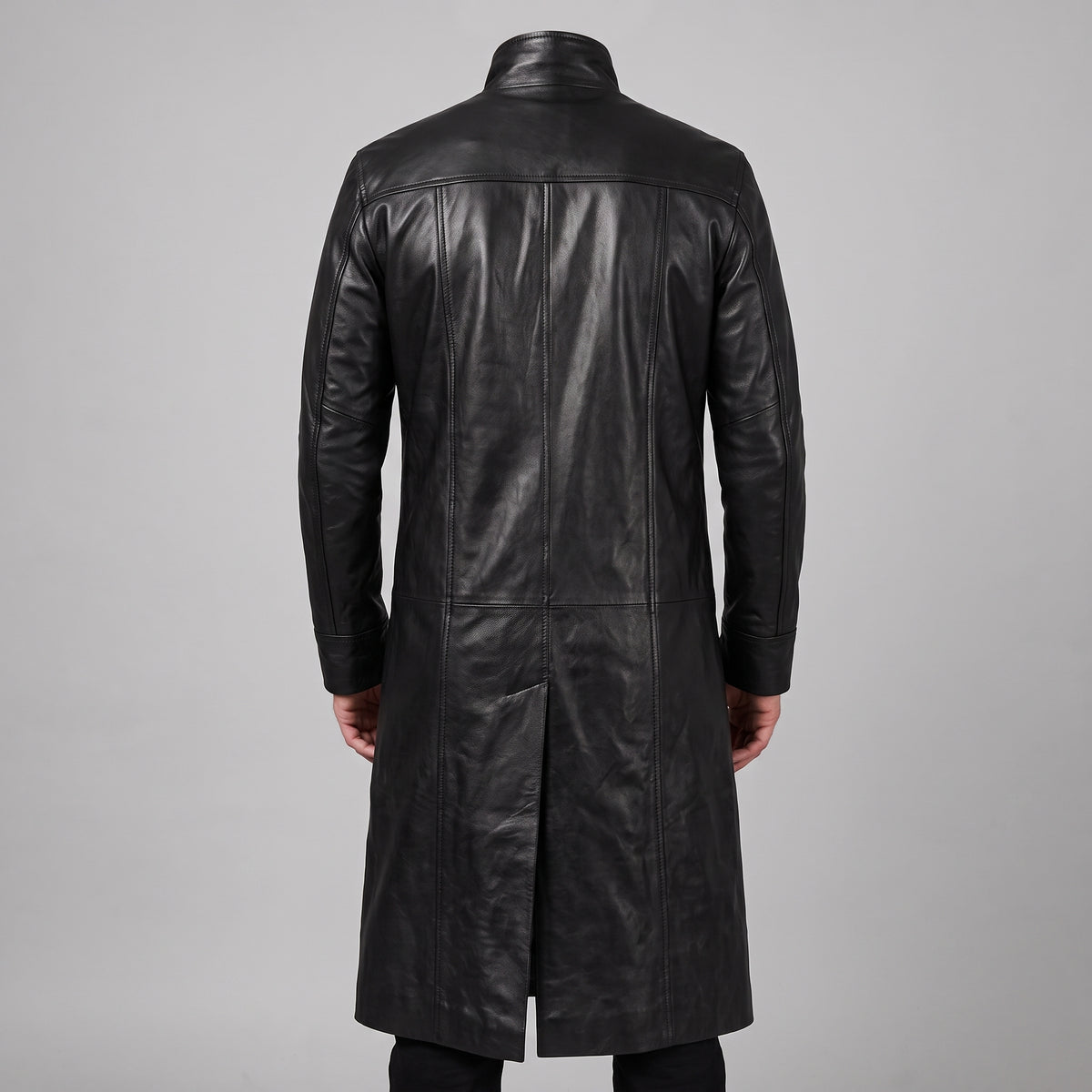 Black Leather Long Trench Coat - Men's Stand-Collar Full-Length Coat