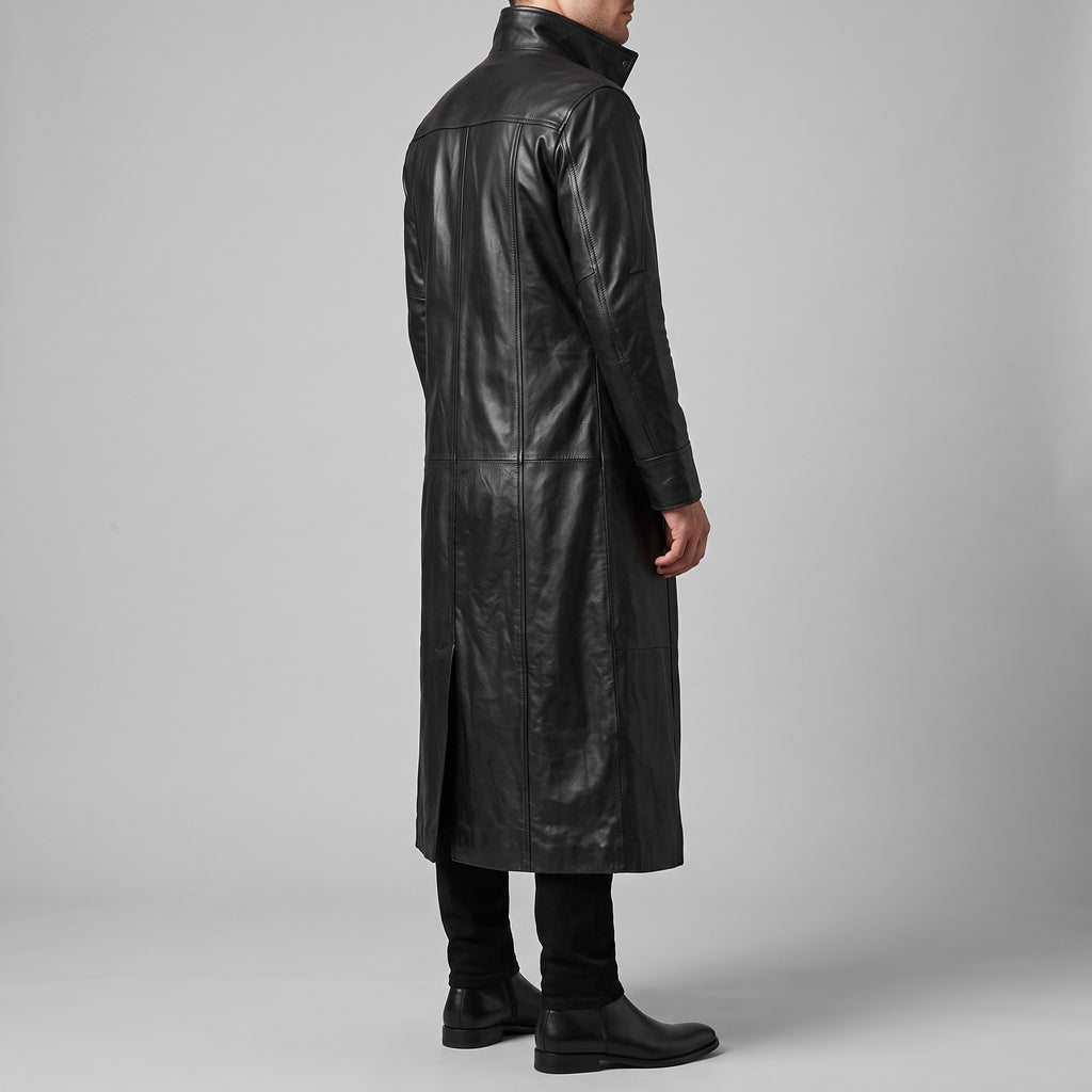Black Leather Long Trench Coat - Men's Stand-Collar Full-Length Coat