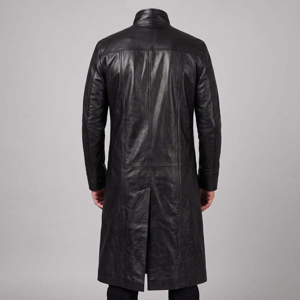 Black Leather Long Trench Coat - Men's Stand-Collar Full-Length Coat
