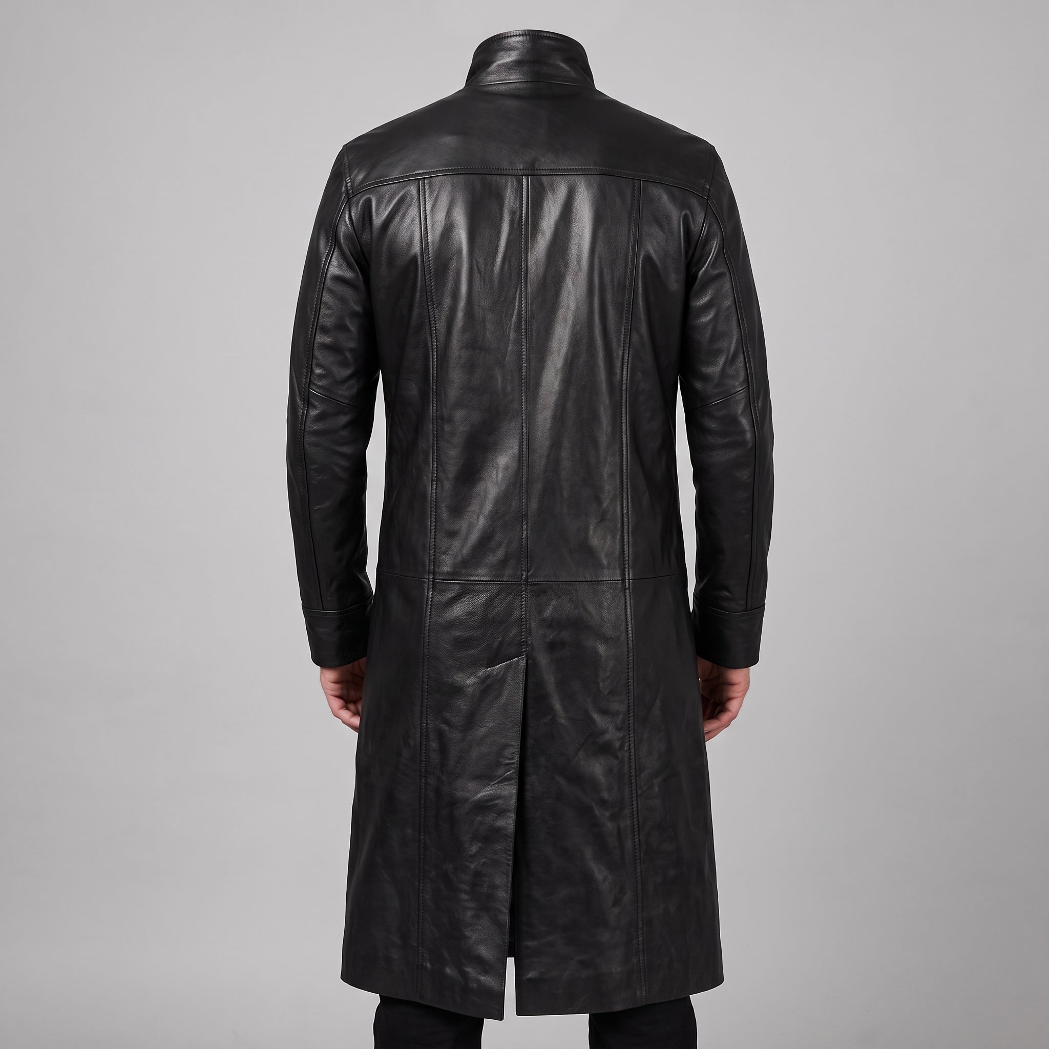 Black Leather Long Trench Coat - Men's Stand-Collar Full-Length Coat