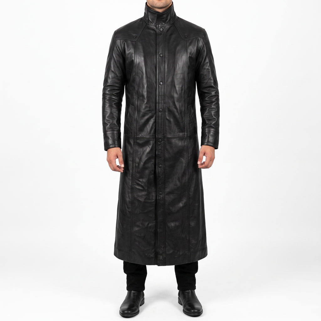 Black Leather Long Trench Coat - Men's Stand-Collar Full-Length Coat