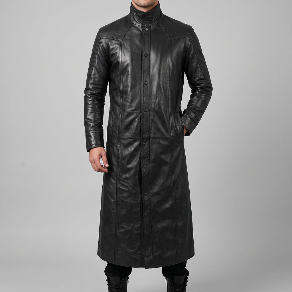 Black Leather Long Trench Coat - Men's Stand-Collar Full-Length Coat
