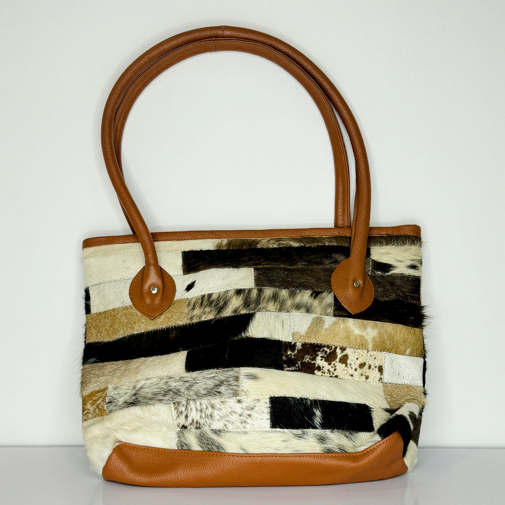 Striped Patchwork Cowhide Leather Tote Bag - Genuine Hair-On-Hide Shoulder Bag