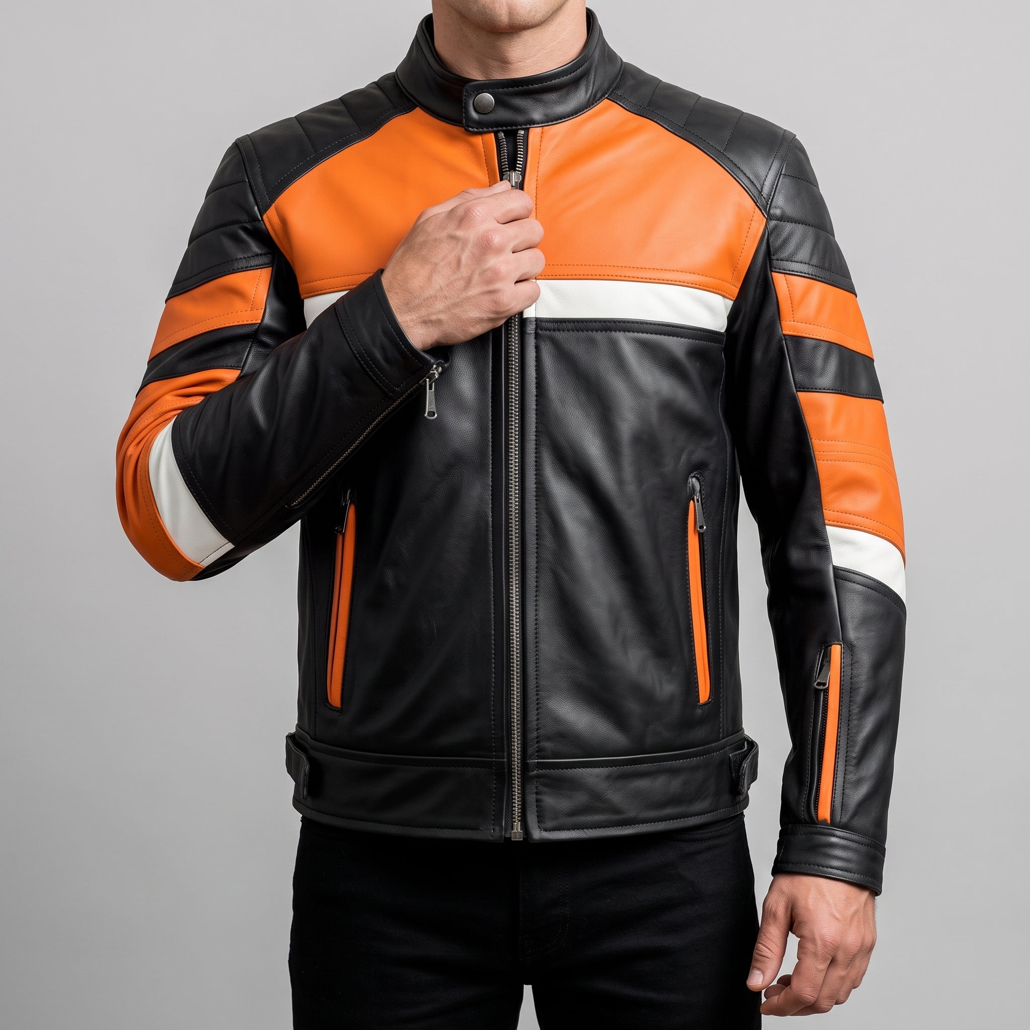 Black & Orange Leather Racer Jacket