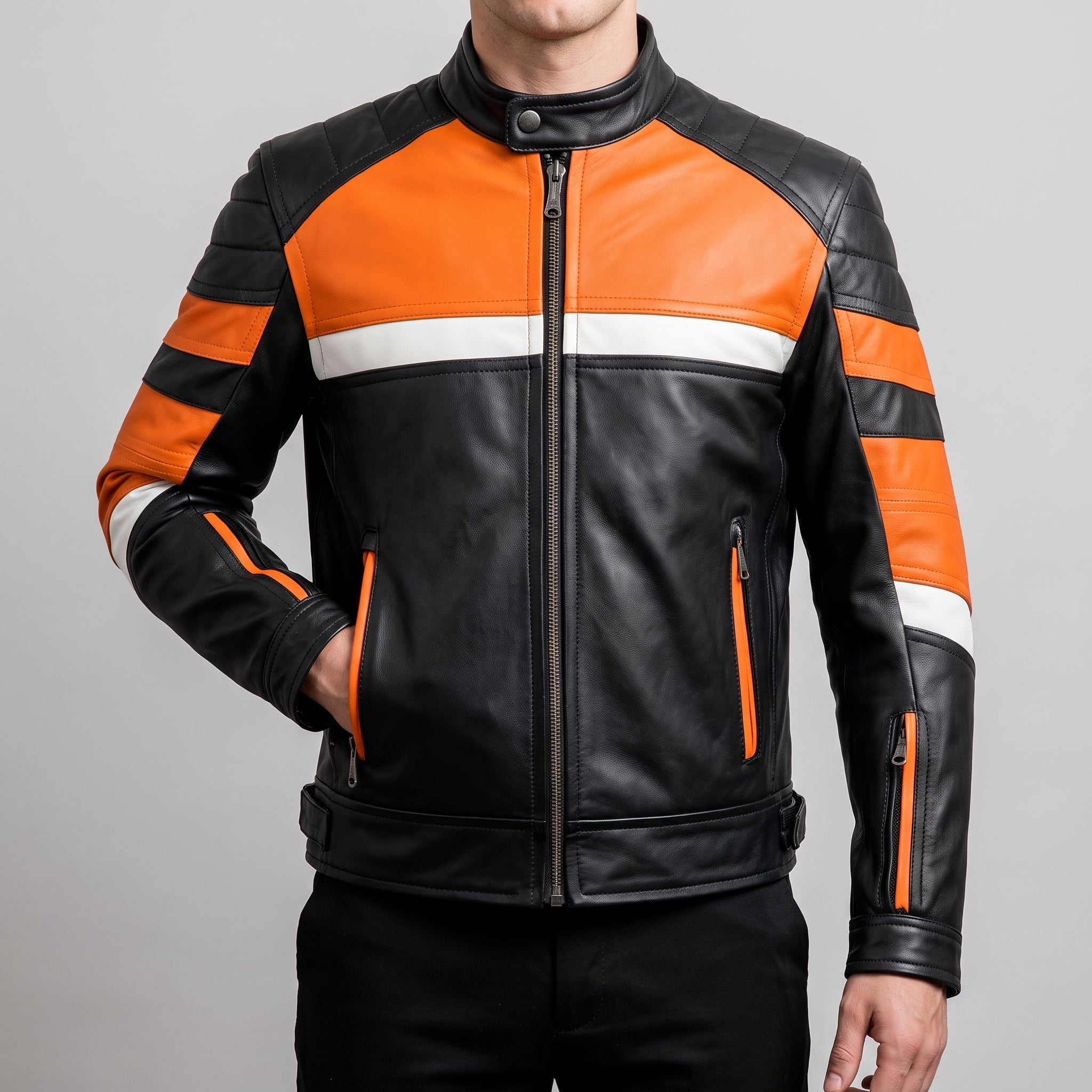 Black & Orange Leather Racer Jacket