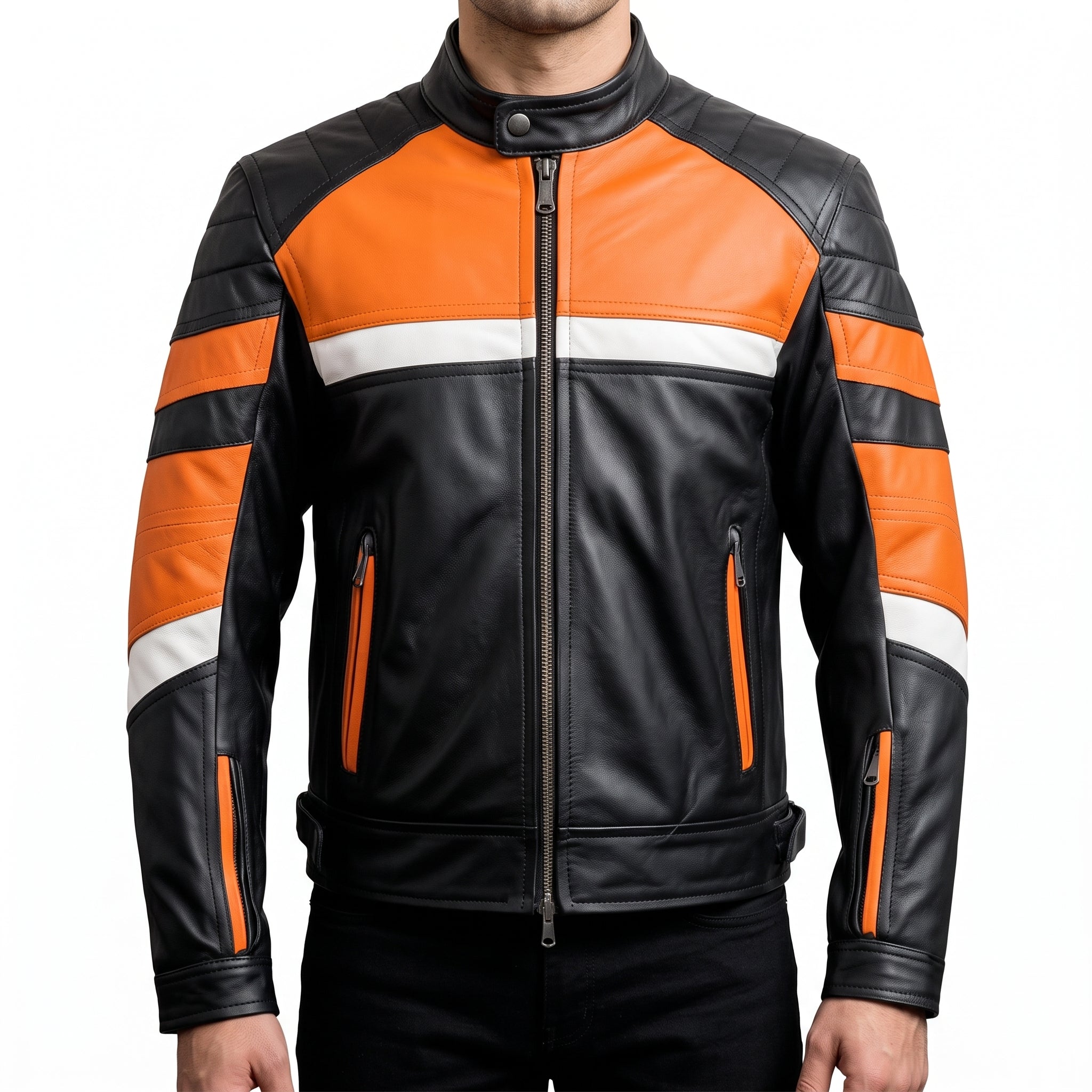 Black & Orange Leather Racer Jacket