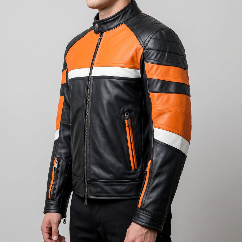 Black & Orange Leather Racer Jacket