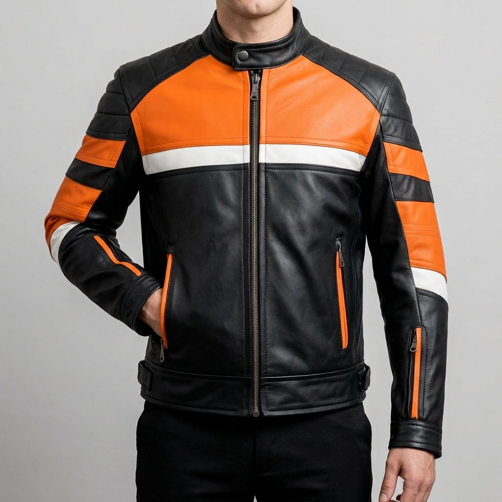 Black & Orange Leather Racer Jacket - Handmade Motorcycle Jacket