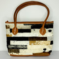 Striped Patchwork Cowhide Leather Tote Bag - Genuine Hair-On-Hide Shoulder Bag