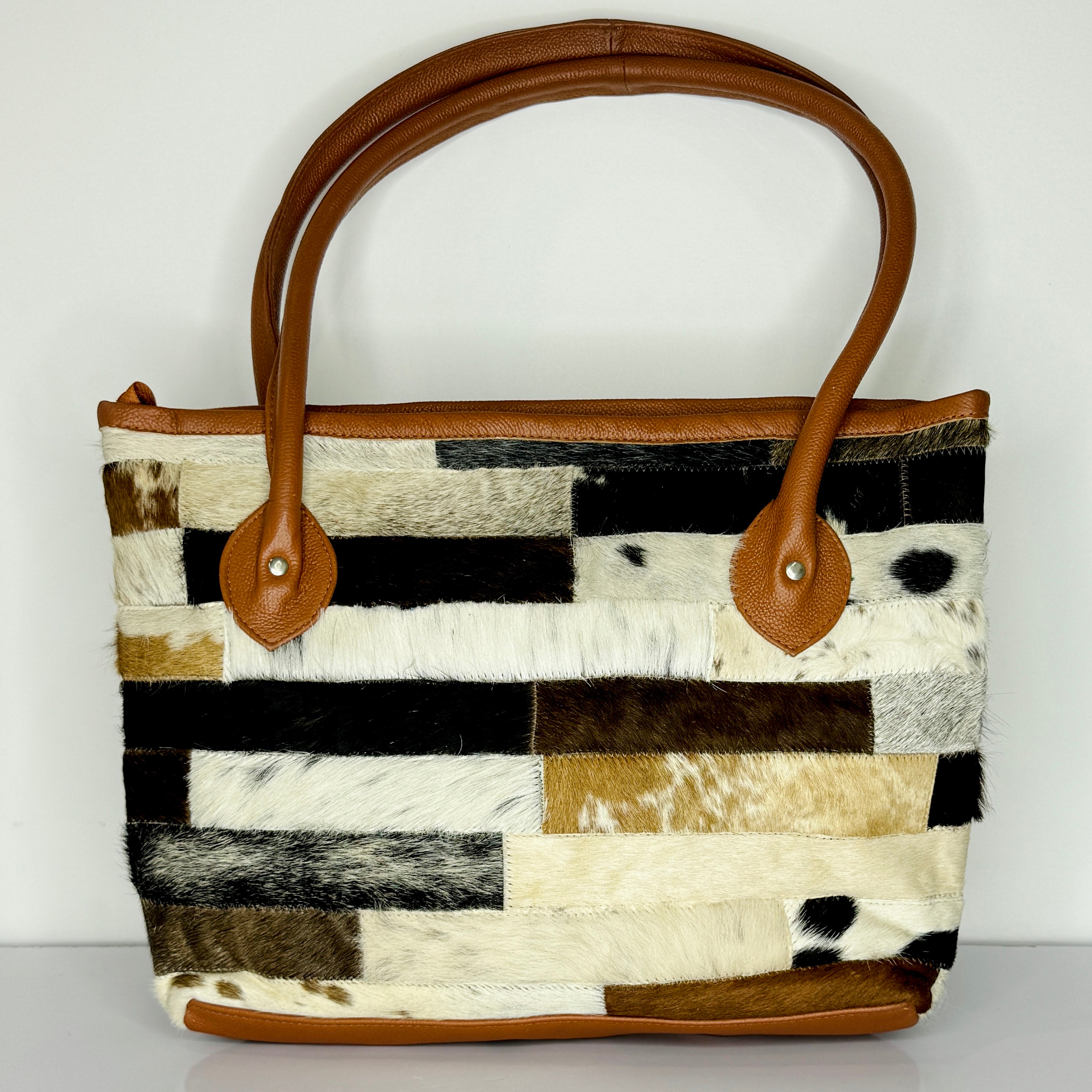 Striped Patchwork Cowhide Leather Tote Bag - Genuine Hair-On-Hide Shoulder Bag