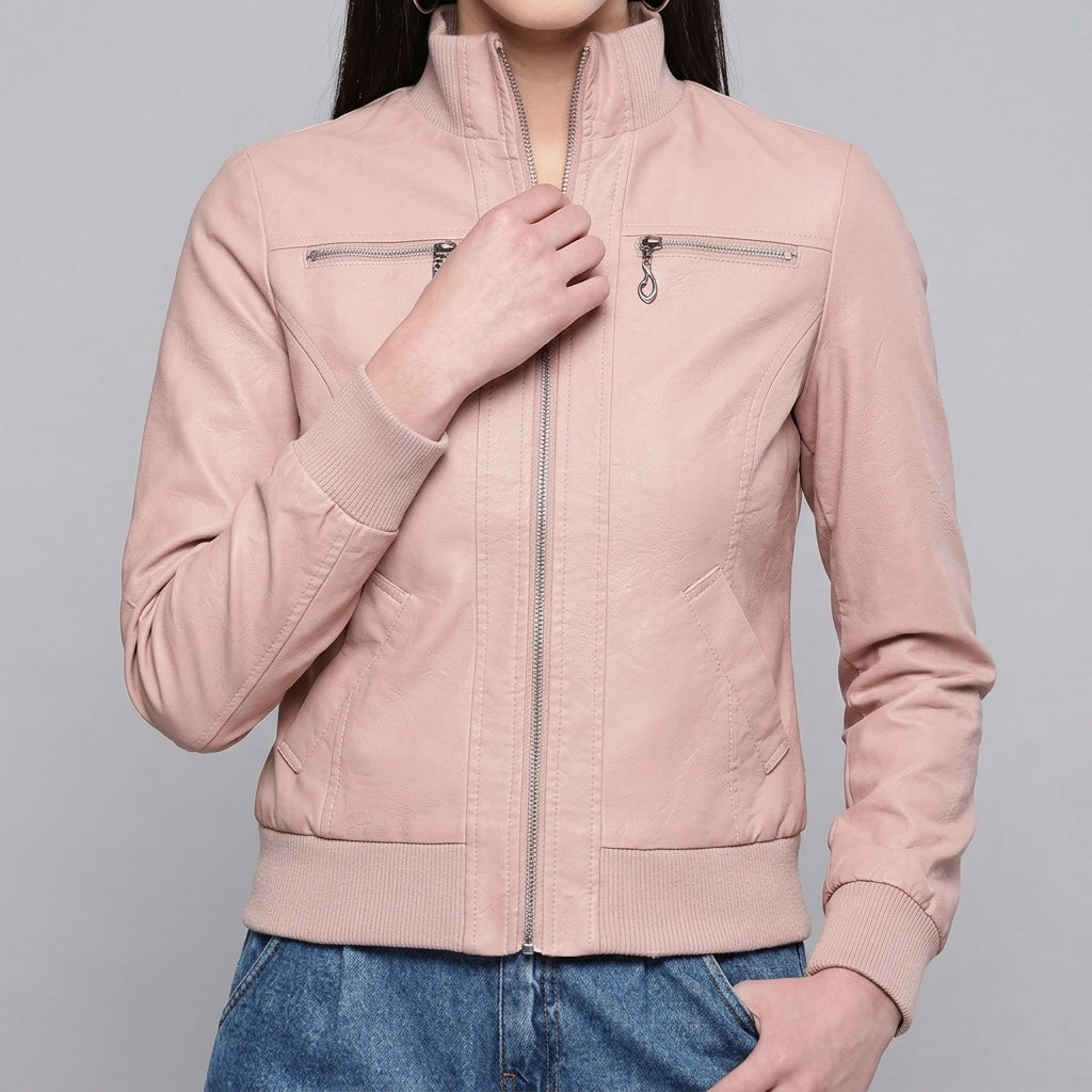 Blush Pink Faux Leather Bomber Jacket - Women's Ribbed Zip-Front Jacket